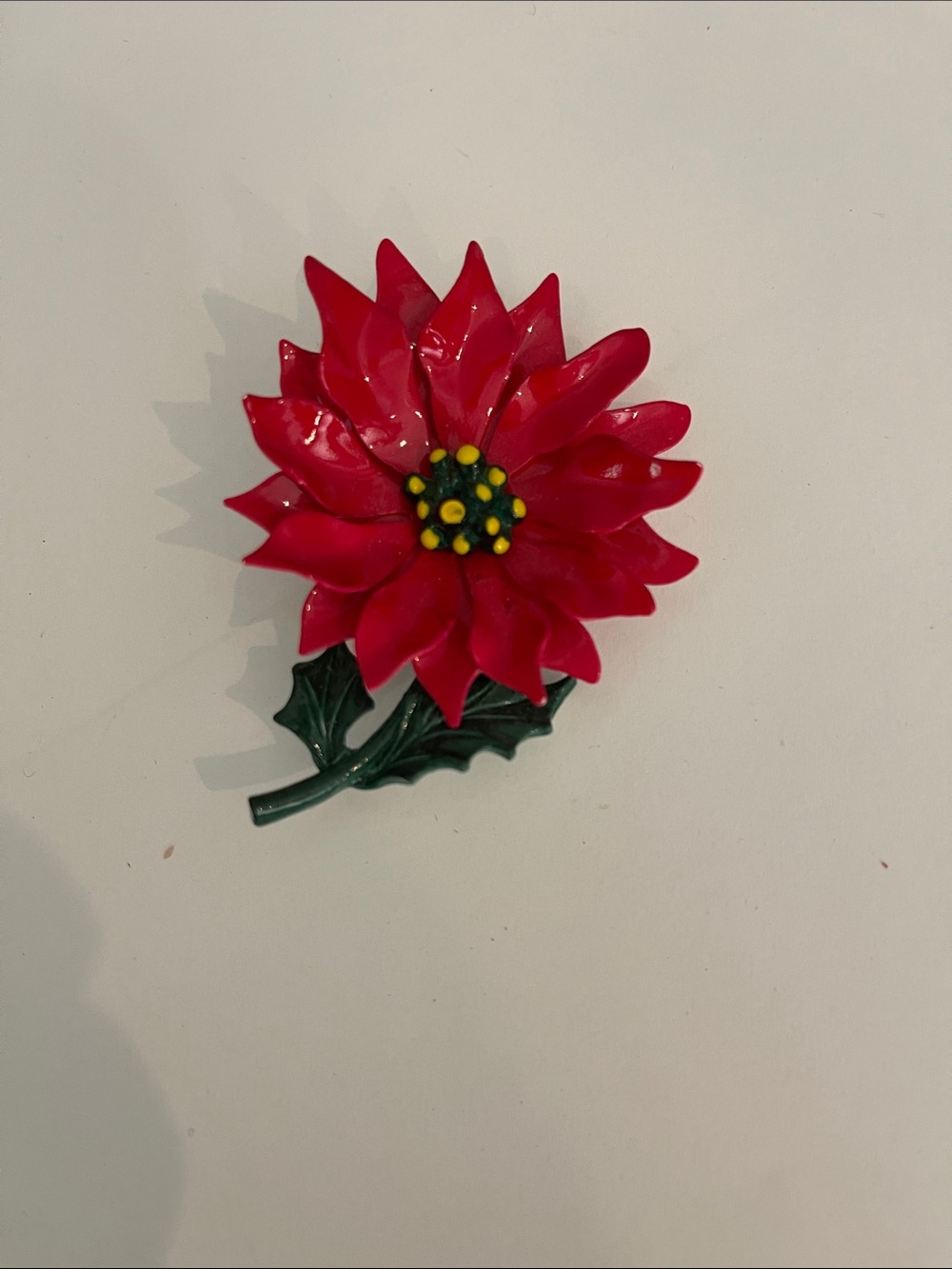Red Enamel Poinsettia Floral Brooch with Green Leaf Accent Vtg. 1960’s